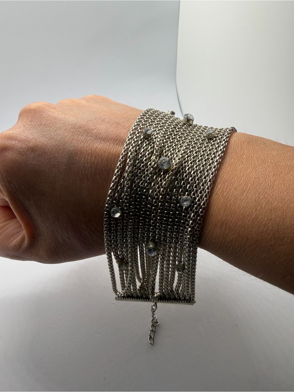 Source Unknown Silver Multi-Chain Rhinestone Fringe Cuff Bracelet